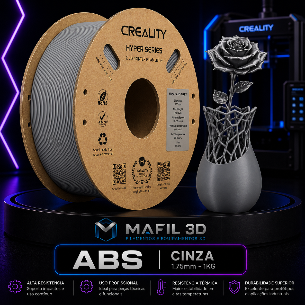 Filamento ABS Creality Cinza 1kg – 1,75mm