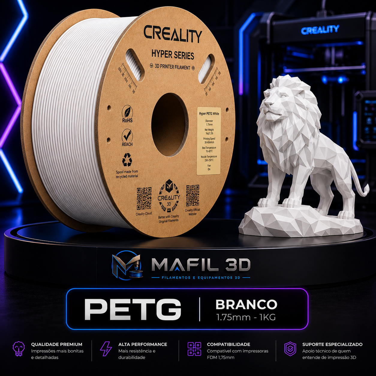 Filamento PETG Creality Branco 1kg – 1,75mm