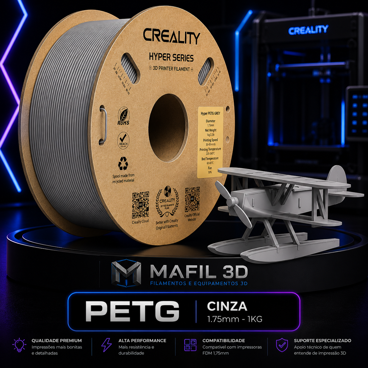 Filamento PETG Creality Cinza 1kg – 1,75mm