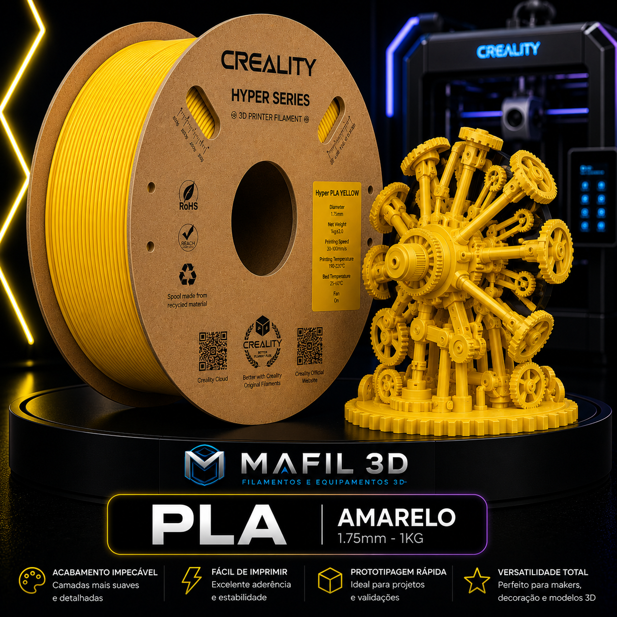 Filamento PLA Creality Amarelo 1kg – 1,75mm