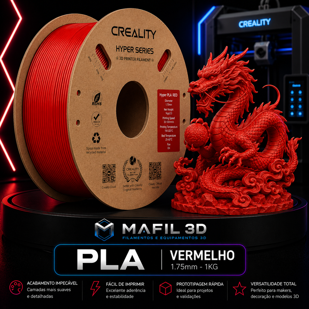 Filamento PLA Creality Vermelho 1kg – 1,75mm