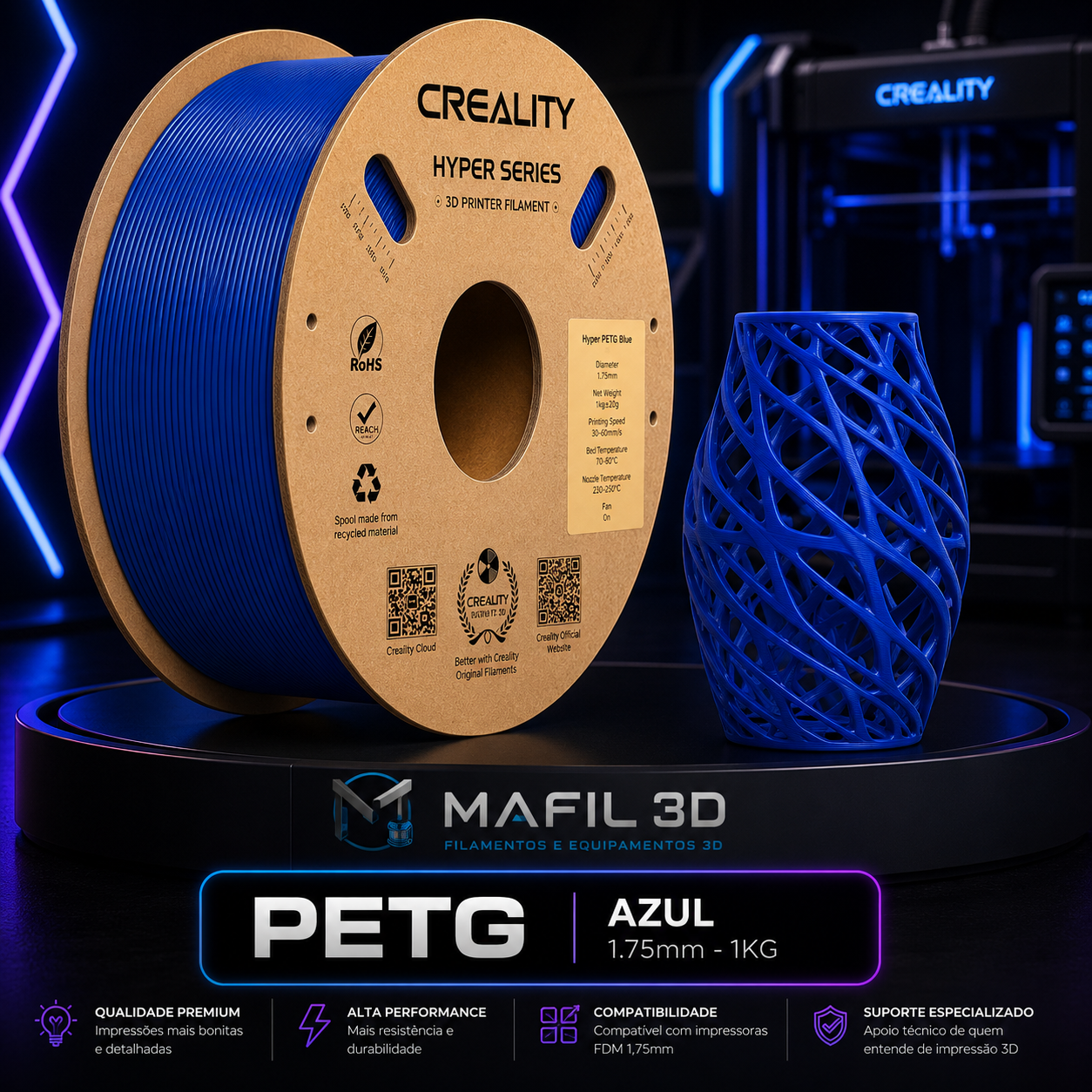 Filamento PETG Creality Azul 1kg – 1,75mm