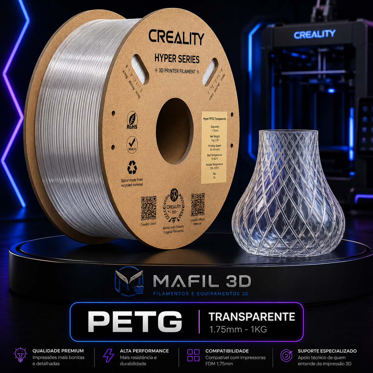 Filamento PETG Creality Transparente 1kg – 1,75mm